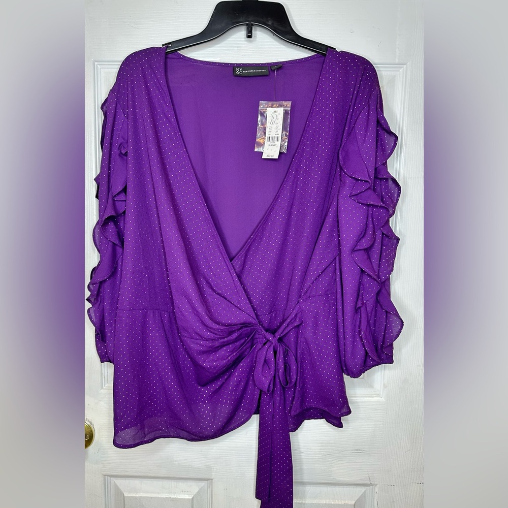 NWT Women’s Red Wrap Blouse With Gold Stripes Sold.Purple Stripes Are Available